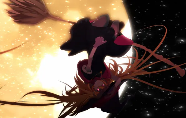 Picture girl, flight, night, the moon, hat, anime, art, witch