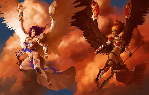 Clouds, weapons, girls, wings, angel, art, Magic: The Gathering, Francisco Mendez