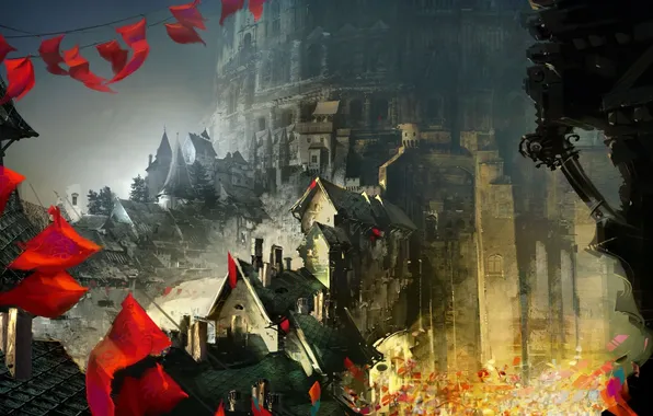 Picture the city, castle, home, art, flags, Guild Wars, festival