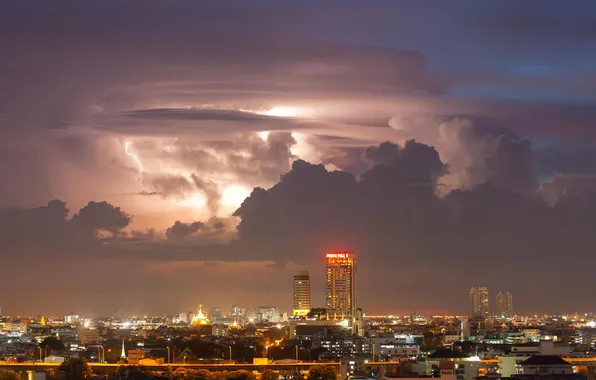 The storm, clouds, the city, lightning, home