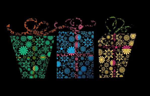 Snowflakes, pattern, vector, texture, gifts, three, black background, bows