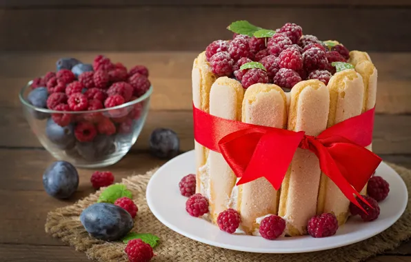Berries, raspberry, cake, bow, plum, dessert, Savoiardi