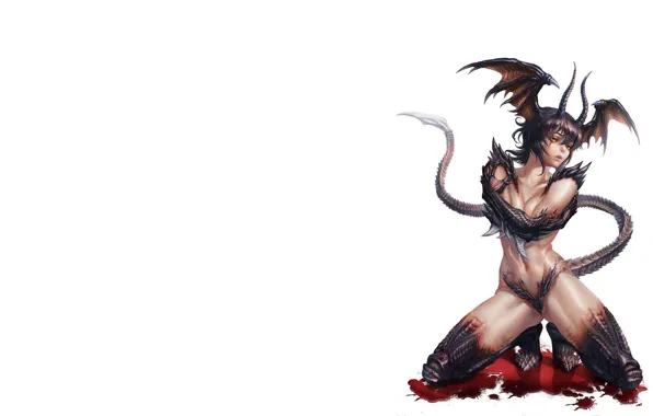 Picture demon, girl, blood, fantasy, horns, minimalism, anime, wings