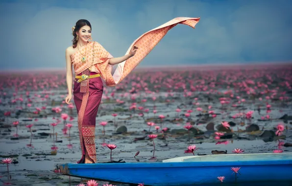 Picture girl, flowers, smile, boat, East, Fashion Asia