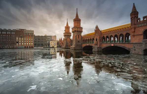 Picture bridge, the city, river, ice, Germany, tower, arch, Berlin
