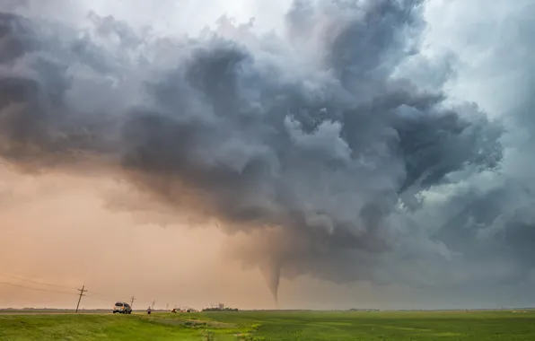 Road, the storm, field, the sky, clouds, tornado