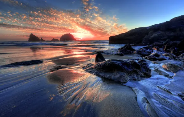 Sunset, Sea, Beach, Stones