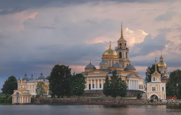 Picture lake, temple, Russia, the monastery, Nilo-Stolobenskaya Pustyn', Lake Seliger, Epiphany Cathedral, Sergey Morozov