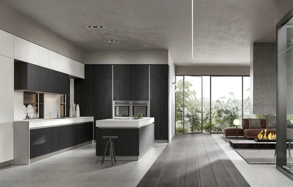 Style, Villa, interior, Italy, kitchen, fireplace, living room, dining area