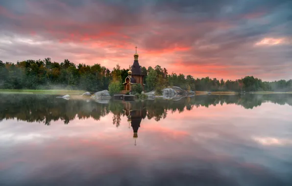 Picture river, temple, Russia, the beginning of autumn, Vuoksa