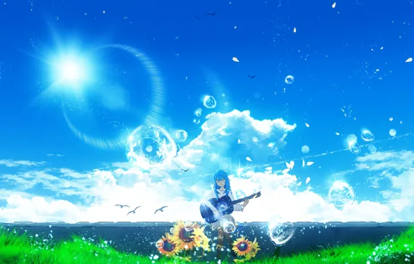 Picture summer, girl, flowers, bubbles, guitar, Y_Y