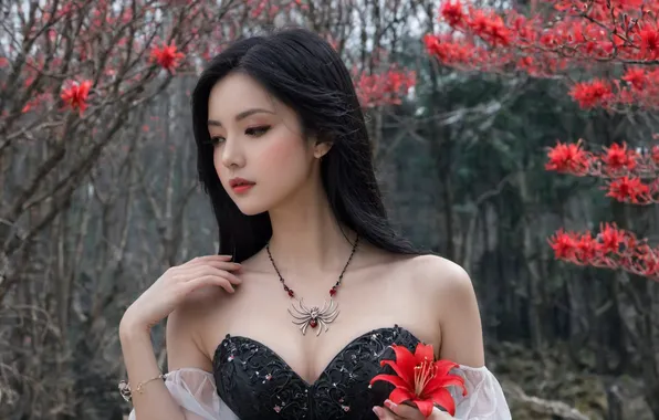 Forest, girl, flowers, spider, pendant, Asian