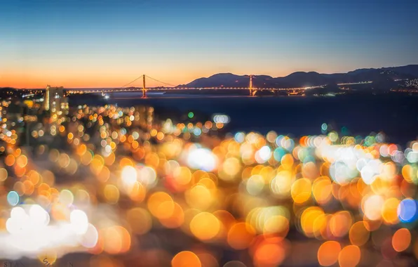 Bridge, lights, the evening, bokeh, golden gate bridge