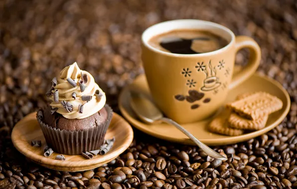 Picture coffee, cookies, mug, coffee beans, cupcake