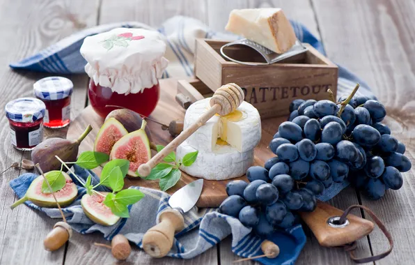 Picture cheese, grapes, still life, jam, figs