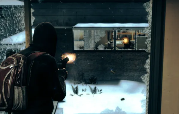 Winter, snow, gun, weapons, fire, black, window, office