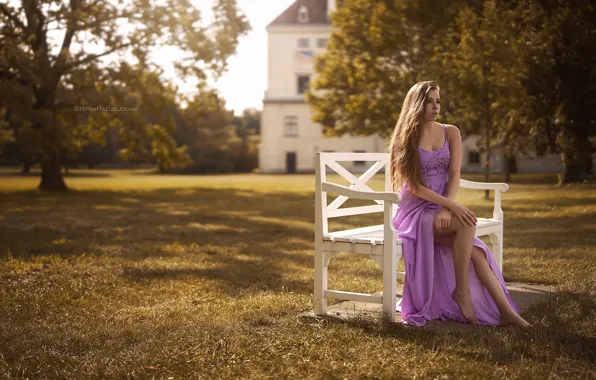 Picture look, girl, trees, bench, pose, house, dress, legs