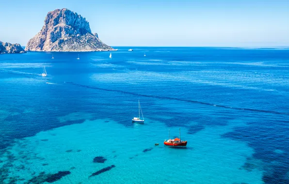 Sea, rocks, yachts, horizon, Spain, Ibiza