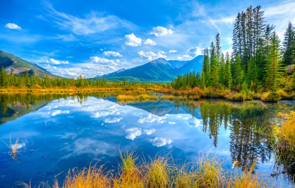 Autumn, the sky, trees, mountains, lake, Canada, Albert, Banff National Park