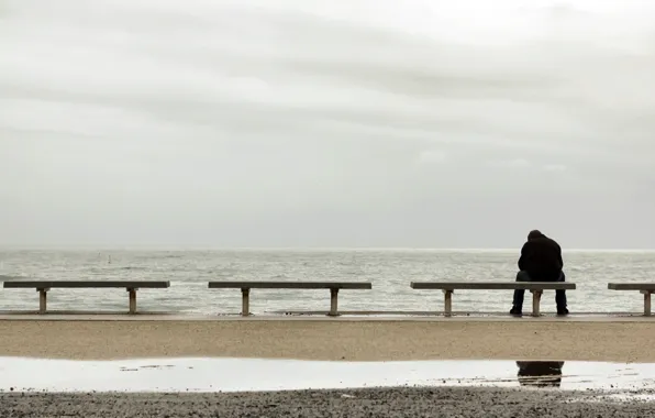 Picture sea, loneliness, mood, people, bench