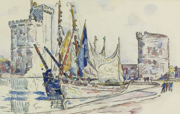 Figure, tower, watercolor, Paul Signac, The Port Of La Rochelle