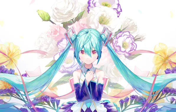 Girl, flowers, Hatsune Miku, Vocaloid