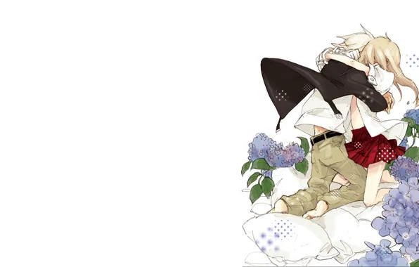 Girl, flowers, romance, pillow, anime, guy, Soul eater, Soul Eater