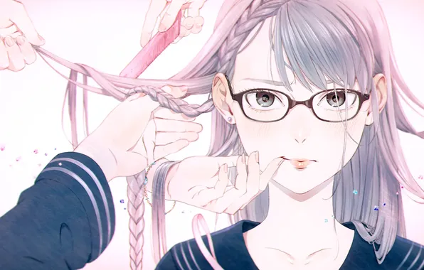 Girl, face, hair, hands, art, glasses, pigtail, one