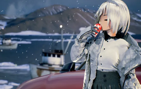 Auto, girl, snow, mountains, lake, drinking, by rengreng