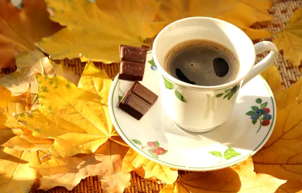 Autumn, leaves, coffee, chocolate, Cup, maple
