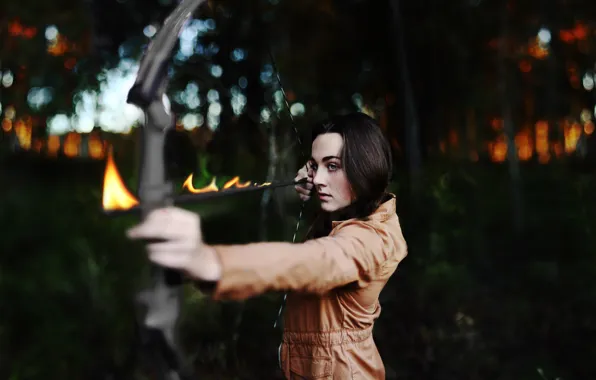 Picture look, girl, mood, fire, flame, brunette, bow, arrow