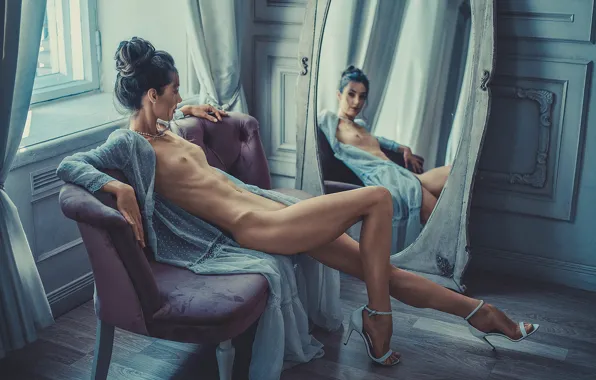 Erotic, chest, look, girl, light, pose, reflection, room