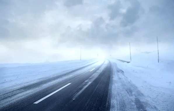 Nature, Winter, Road, Fog, Snow