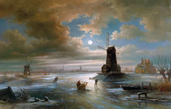 Clouds, Home, Winter, Night, Mill, River, The moon, Ice