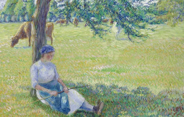 Landscape, nature, tree, picture, cows, meadow, Camille Pissarro, Cowgirl. Eragny