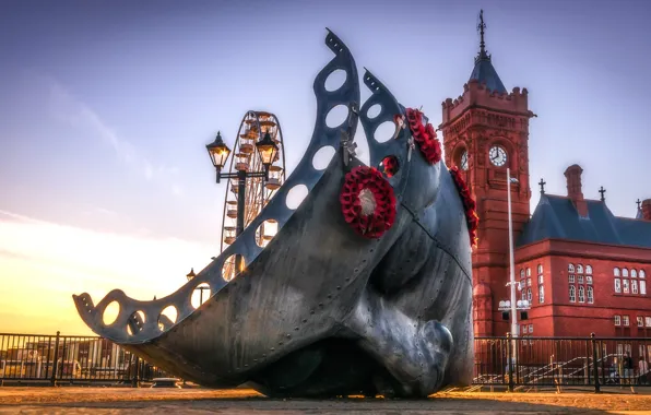 The building, mask, lantern, Ferris wheel, Wales, Cardiff