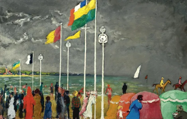 Picture the sky, clouds, people, shore, picture, flag, genre, Kees van Dongen