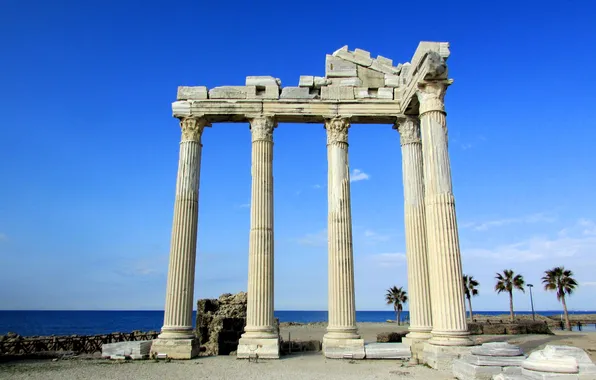 Sea, the sky, trees, palm trees, shore, the ruins, columns, temple
