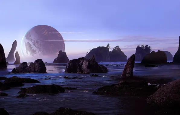 Sea, beach, the sky, rocks, planet, art, sci-fi