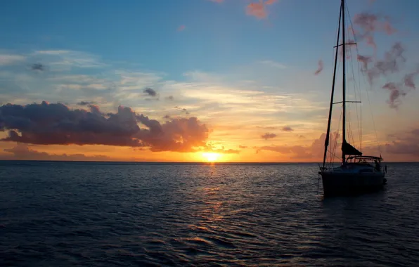 Sea, sunset, the evening, yacht, at anchor, Anchoring with a view