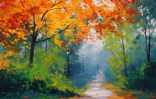 Autumn, trees, Park, people, yellow, art, lights, track