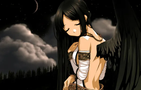 Sadness, forest, girl, night, mood, the moon, wings, anime