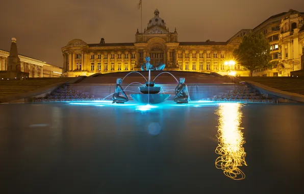 Night, lights, England, fountain, Palace, Birmingham, Victoria square