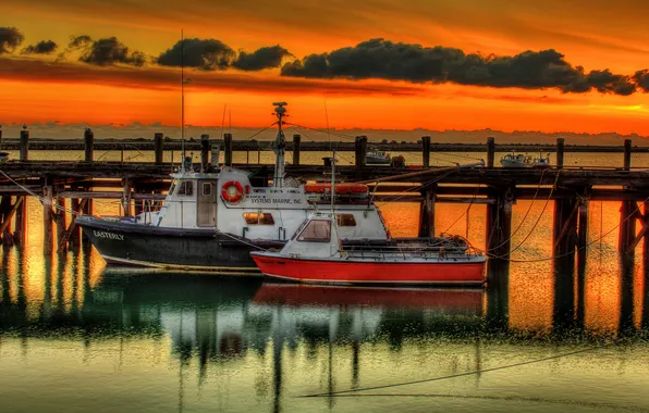 Sea, sunset, boat, pierce