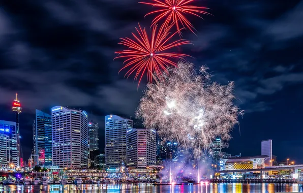 Picture night, the city, lights, home, Sydney, fireworks