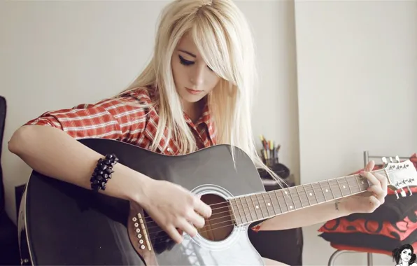 Girl, Music, Look, Guitar, Blonde, Tattoo, Bracelet, Music