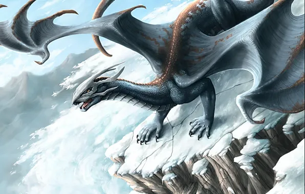 Winter, mountains, fantasy, dragon, avalanche