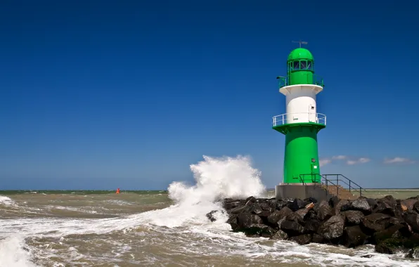 Picture sea, wave, the sky, stones, lighthouse, Germany, horizon, Rostock