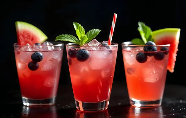 Watermelon, juice, glasses, drink, black background, mint, ice cubes, watermelon
