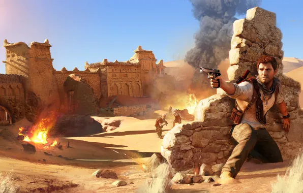 Wallpaper desert, soldiers, ruins, Nathan Drake, Uncharted 3